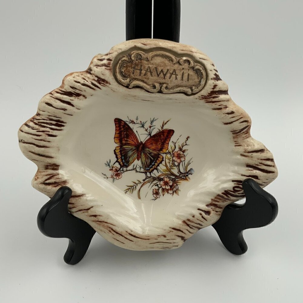 Treasure Craft Hawaii Souvenir Floral Butterfly Design Tray Ashtray Trinket USA